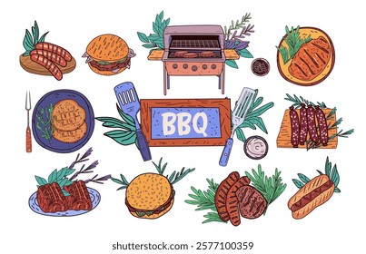 BBQ food grill elements burgers sausages steak herbs colorful hand-drawn design ideal for culinary projects or menu templates