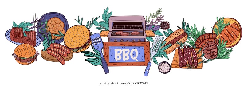 BBQ food grill illustration burgers sausages steaks vegetables colorful arrangement barbecue theme cooking utensils herbs outdoor dining