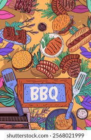 BBQ food grill summer concept colorful meats burgers sausages herbs and leaves on a vibrant background with kitchen utensils flat lay design