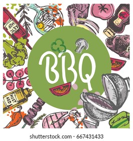 BBQ food. Hand drawn doodle barbecue illustration. 