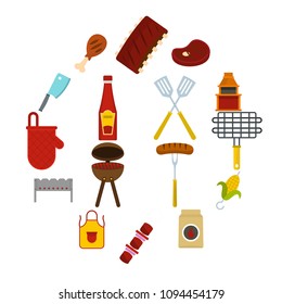 BBQ food icons set in flat style isolated vector illustration