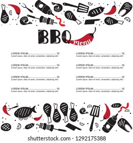BBQ food menu hand drawn vector illustration concept. Grill and barbecue restaurant design: text, fork, pepper, texture, meat, shrimps, grill, sause, ketchup, sausage, fish, lemon, chicken, kebab.