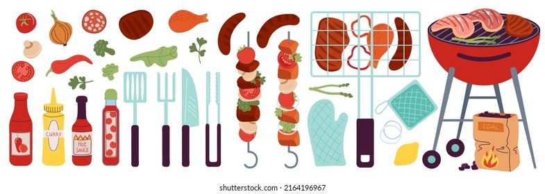 Bbq food and sauce. Picnic grill kit, steak meat sausages and vegetables. Isolated spring summer barbecue party equipment, decent vector set