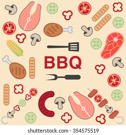 BBQ food and tools background. Summer BBQ Illustration.
