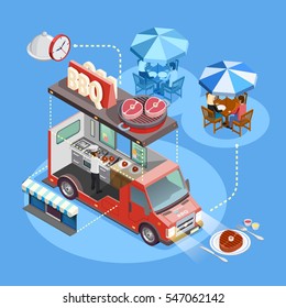 BBQ Food Truck Interior With Cooking Owner Menu And Lunching Customers Isometric Circle Composition Poster Vector Illustration 