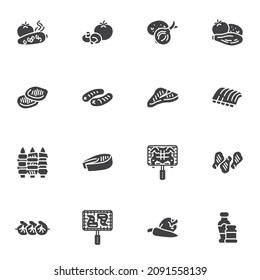 BBQ food vector icons set, modern solid symbol collection, filled style pictogram pack. Signs, logo illustration. Set includes icons as barbeque chicken wings, shish kebab, beef steak, vegetable