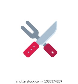 BBQ fork and knife flat icon, vector sign, Crossed barbeque tools colorful pictogram isolated on white. Symbol, logo illustration. Flat style design