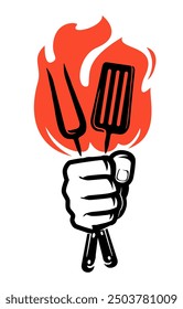 Bbq fork and spatula in hand. Barbecue grill logo and emblem. Symbol vector illustration for restaurant menu