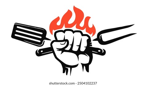 Bbq fork and spatula in hand. Barbecue, grill food logo and emblem. Symbol vector illustration for restaurant menu