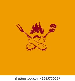 Bbq fork and spatula in hand. Barbecue, grill food logo and emblem. Symbol vector illustration for restaurant  logo