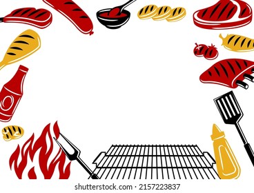 Bbq frame with grill objects and icons. Stylized kitchen and restaurant items.