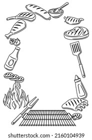 Bbq frame with grill objects and icons. Stylized kitchen and restaurant items.