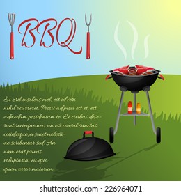 Bbq fresh hot meat steaks grill picnic party with outdoor background vector illustration