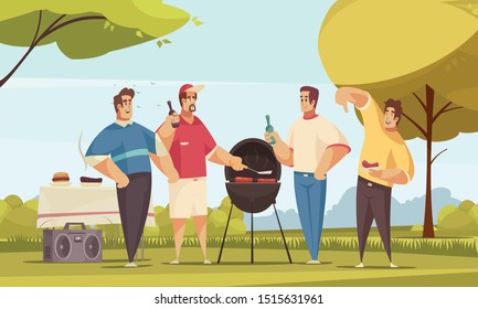 Bbq friends composition with outdoor scenery and doodle style characters group of four friends eating barbecue vector illustration