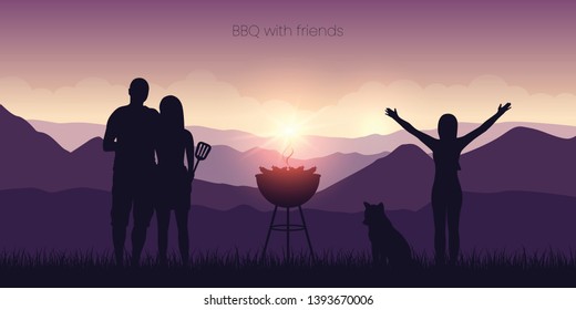 bbq with friends in the mountains purple landscape at sunset vector illustration EPS10
