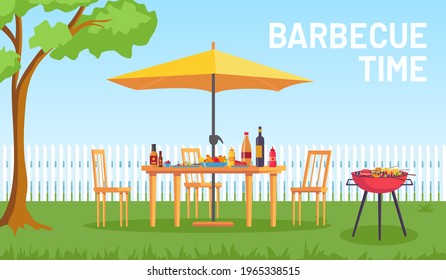 Bbq In Garden. Cartoon Summer Outdoor Backyard Barbecue Party With Furniture, Umbrella, Food On Grill. Home Picnic In Patio Vector Landscape For Rest. Outside Table With Products, Chairs