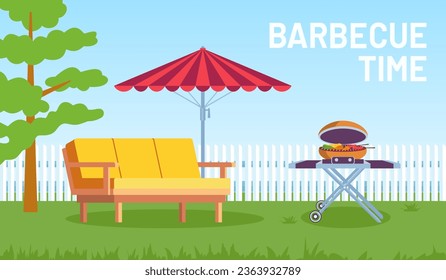 Bbq in garden. Cartoon summer outdoor backyard barbecue party with furniture, umbrella, food on grill. Illustration of summer barbecue, cartoon garden backyard