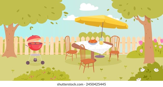 BBQ garden party on backyard in summer with grill, table, chairs, umbrella. Landscape of house patio with fence, lawn, green grass, trees, flowers. Picnic in nature. Holiday, vacation. Cartoon vector.