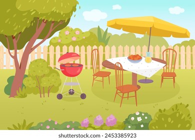 BBQ garden party on backyard in summer with grill, table, chairs, umbrella. Landscape of house patio with fence, lawn, green grass, trees, flowers. Picnic in nature. Holiday, vacation. Cartoon vector.