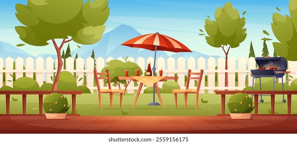 BBQ garden party. Vector illustration of house yard with fence, cooking grill, food on table, chairs and umbrella, lawn with bushes and trees. Backyard in summer. Outdoor patio for barbecue, grill