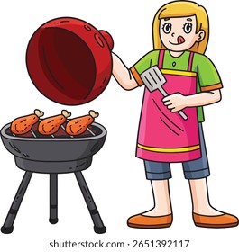 churrasco e uma menina grelhar frango desenho animado Clipart 