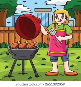 churrasco e menina grelhar frango colorido desenhos animados 