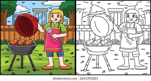 BBQ and Girl Grilling Chicken Illustration 