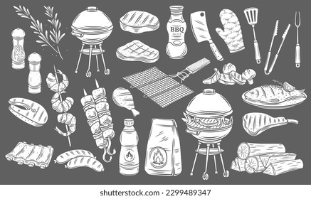 BBQ glyph set vector illustration. Stamps collection of food to roast on picnic party, hot kebab on skewer and BBQ sauce, barbecue meat steak and fish, brazier with grill and cookout equipment