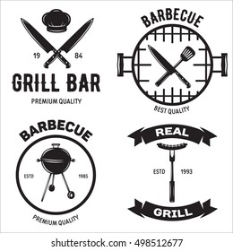 BBQ Graphic Flat Emblems With Grill Forks Spatulas Sausage Fire Cap Vector Illustration. Isolated On White Background.