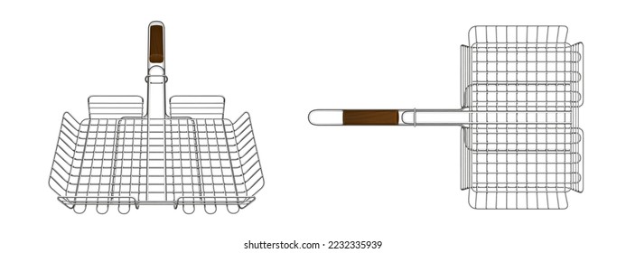 Grillgitter, Grillkorb, Stahlgeraet zum Kochen auf der Vorderseite der Grill- oder Grillmaschine und Draufsicht einzeln auf weißem Hintergrund. Picnic-Tool mit Holzgriff, realistische 3D-Vektorgrafik