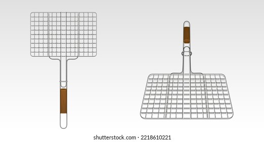 Cuadrícula de barbacoa, canasta de parrilla con asa de madera en la parte superior y vista de perspectiva. Grado de acero para la parrillada de carne, barbacoa de cocina, filetes y salchichas en el fuego, conjunto vectorial realista aislado en fondo blanco