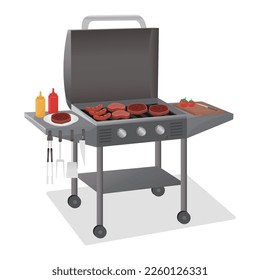 BBQ griddle cooking station with hard cover vector illustration on white background.Grill steak, sausage, meat, bbq tools, ketchup, mustard, wooden cutting board with tomatoes and knife for bbq party.