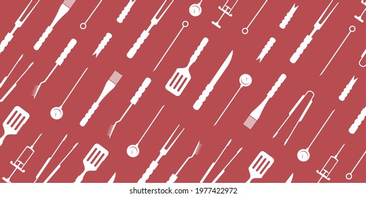 BBQ, grill accessories, popular grilling utensils tools background, pattern.Thermometer,meat Injector, claws,fork,tongs,spatula,skewer, knife, cleaning brush.Colorful flat isolated vector illustration
