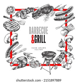 BBQ and grill background hand drawn engraving style vector illustration isolated on white background. Backdrop with grilled meat products and square frame.