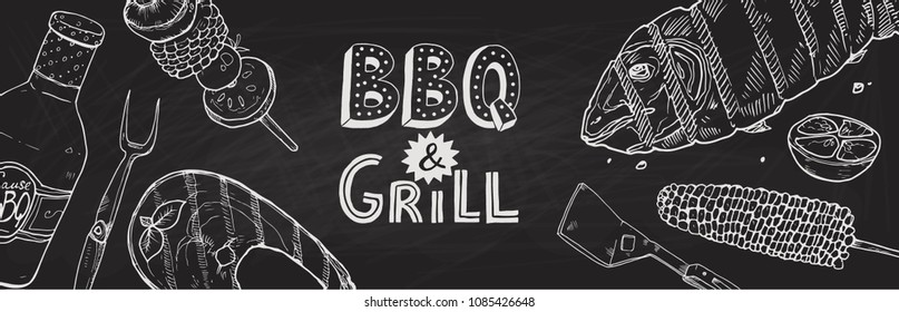 BBQ and grill banner with sketch objects. Hand drawn barbecue elements around decorative text.