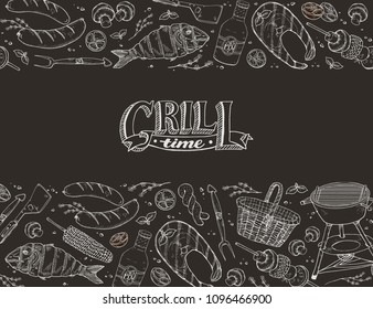 BBQ and grill banner with sketch objects on blackboard. Hand drawn barbecue elements in horizontal frame composition. Grill time.