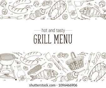 BBQ and grill banner with sketch objects isolated on white background. Hand drawn barbecue elements around decorative text. Grill menu design template.