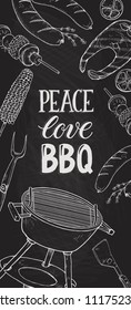 BBQ and grill banner with sketch objects. Hand drawn barbecue elements around decorative text. BBQ party. Grill time, vertical composition.
