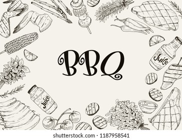 ANUNCIO de barbacoa y parrilla con objetos de boceto aislados sobre fondo blanco. Elementos de barbacoa dibujados a mano alrededor del texto decorativo. Plantilla de diseño de menú de parrilla.