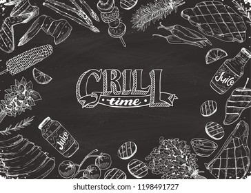 BBQ and grill banner with sketch objects on blackboard. Hand drawn barbecue elements around text in horizontal composition. Grill time.