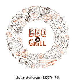 BBQ and grill banner with sketch objects isolated on white background. Hand drawn barbecue circle copmosition around decorative text. Grill menu design template.