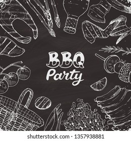 BBQ and grill banner with sketch objects on blackboard. Hand drawn barbecue elements around text in square composition. Grill time.