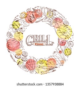 BBQ and grill banner with sketch objects isolated on white background. Hand drawn barbecue circle copmosition around decorative text. Grill menu design template.