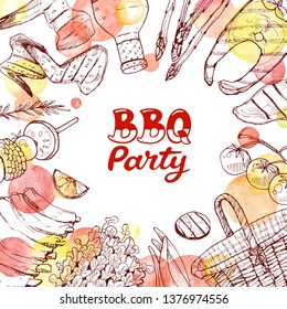 BBQ and grill banner with sketch objects isolated on white background. Hand drawn barbecue elements around text in square composition. Grill time.