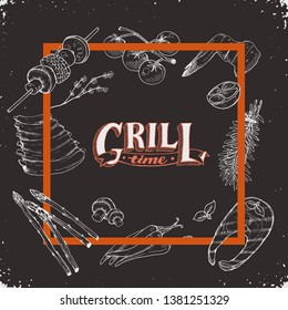 BBQ and grill banner with sketch objects on blackboard. Hand drawn barbecue elements around text. Grill time.