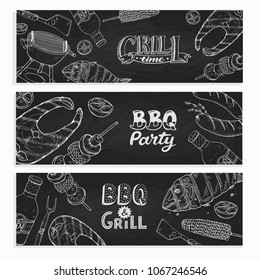 BBQ and grill banners with sketch objects. Hand drawn barbecue elements around decorative text. BBQ party. Grill time,