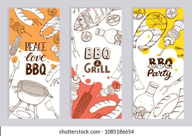 BBQ and grill banners with sketch objects. Hand drawn barbecue elements around decorative text. BBQ party. Grill time.