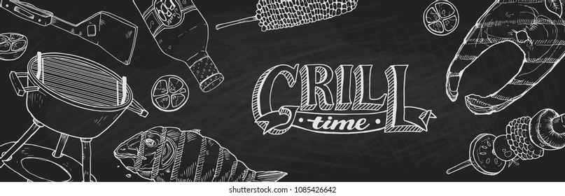 BBQ and grill banners with sketch objects. Hand drawn barbecue elements around decorative text. Grill time