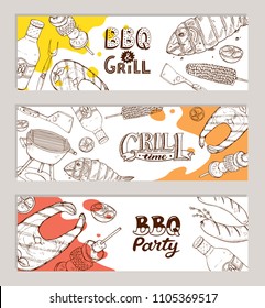 Banners de barbacoa y parrilla con objetos de esbozo. Elementos de asado dibujados a mano alrededor de texto decorativo. Fiesta de barbacoa. Composición horizontal a la parrilla.