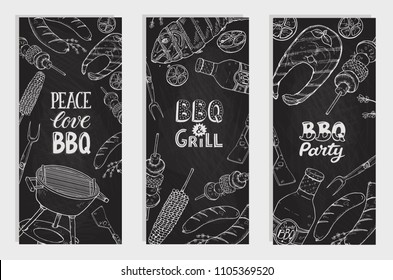 BBQ and grill banners with sketch objects. Hand drawn barbecue elements around decorative text. BBQ party. Grill time, vertical composition.
